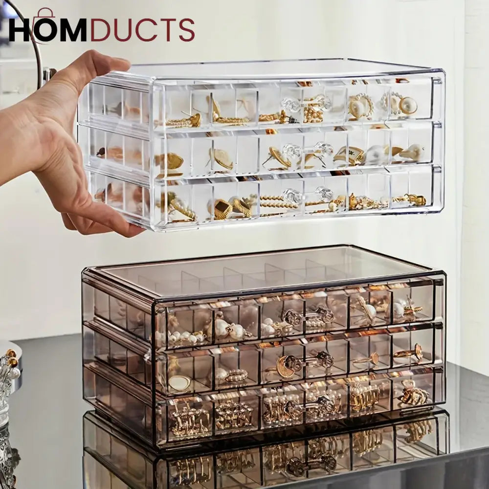 Clear Acrylic 3-Layer Jewelry Organizer Box Drawer Storage Case for Earrings, Rings & Accessories