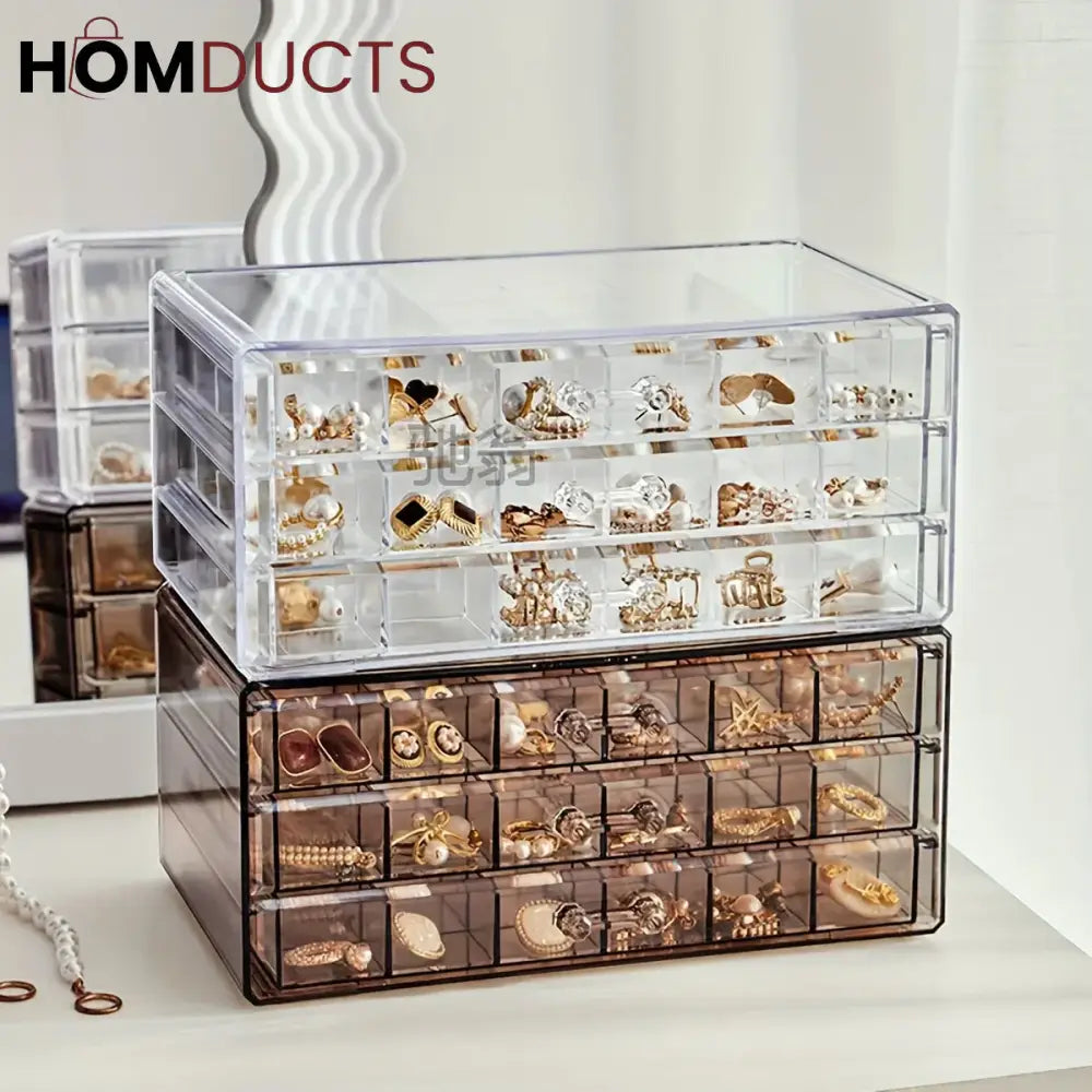 Clear Acrylic 3-Layer Jewelry Organizer Box Drawer Storage Case for Earrings, Rings & Accessories