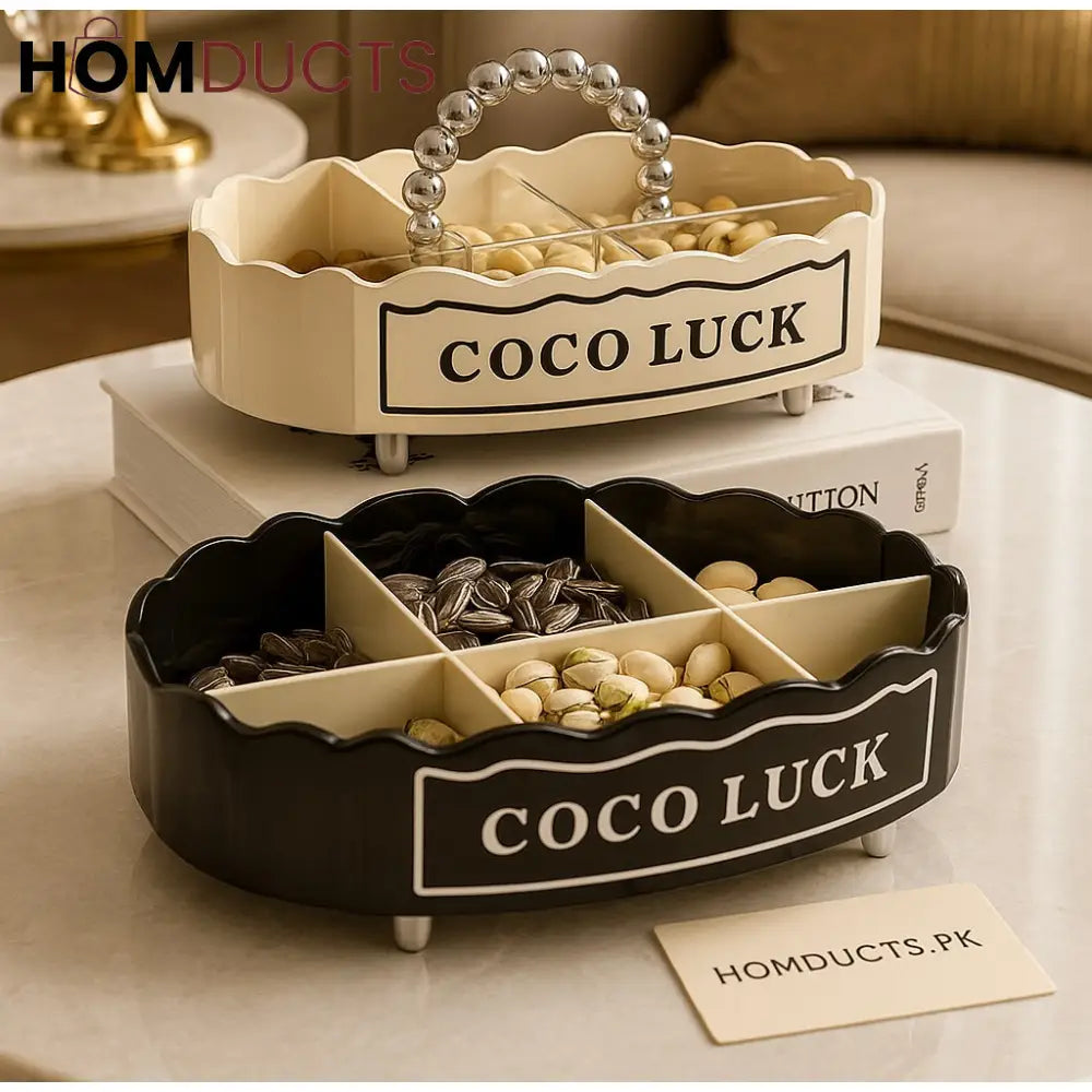 Coco Luck Premium Multi-Section Snack Tray – Elegant Rotating Dry Fruit & Candy Organizer