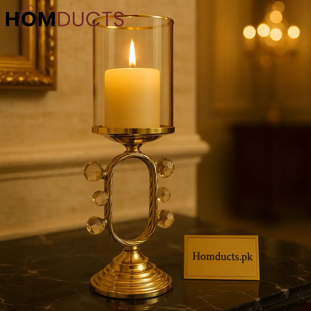 CrystalGlow Luxe Gold Candle Stand – Elegant Pillar Holder with Glass Shade