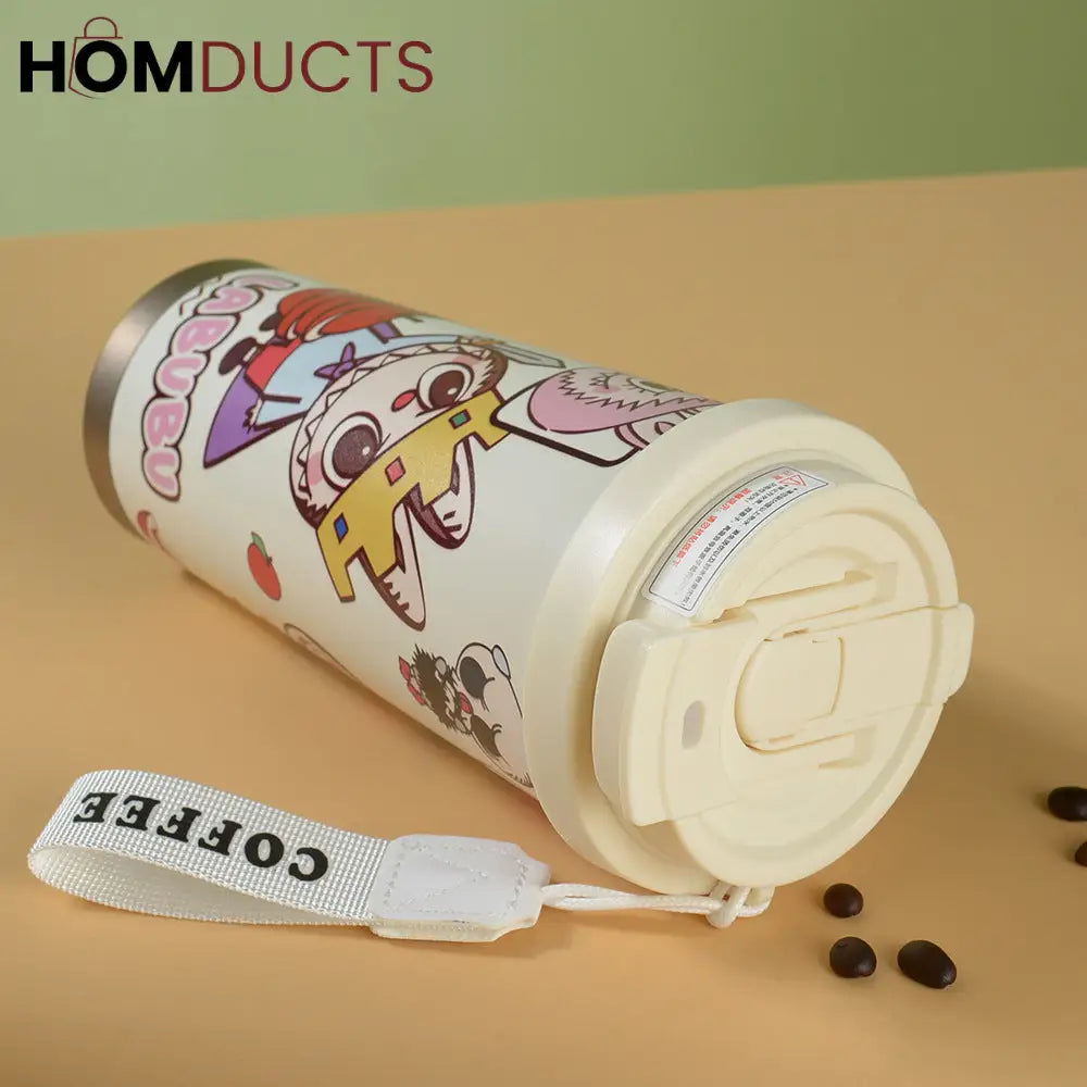 Cute Labubu Cartoon Coffee Tumbler – Insulated Travel Mug with Lid & Strap for Hot and Cold Drinks