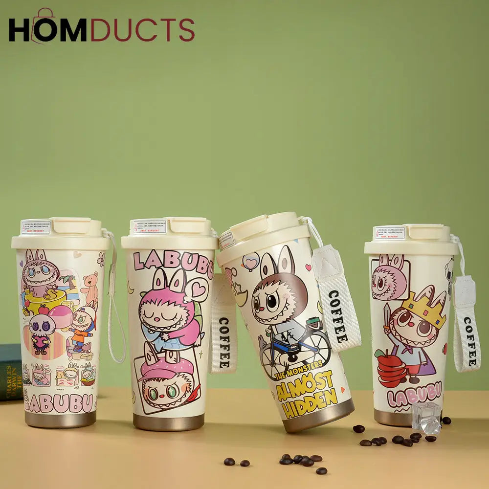 Cute Labubu Cartoon Coffee Tumbler – Insulated Travel Mug with Lid & Strap for Hot and Cold Drinks