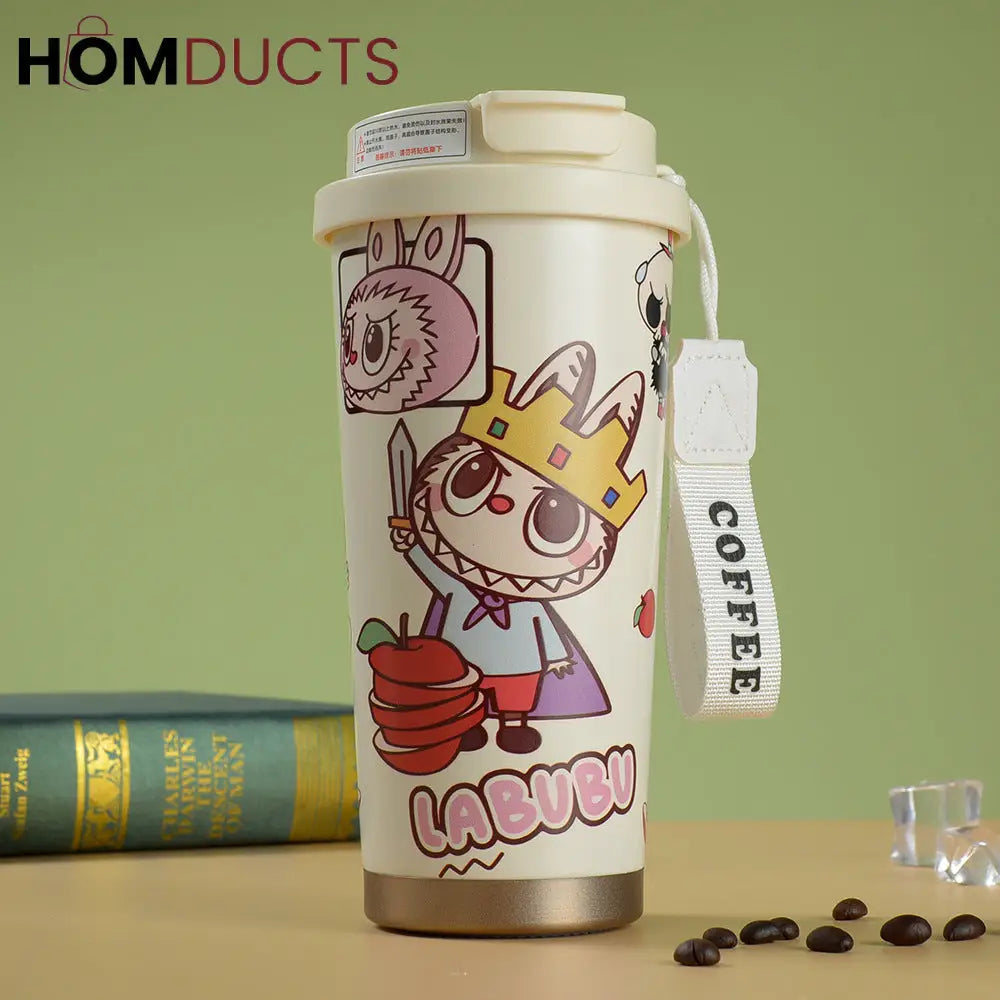 Cute Labubu Cartoon Coffee Tumbler – Insulated Travel Mug with Lid & Strap for Hot and Cold Drinks