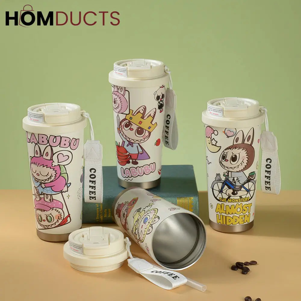 Cute Labubu Cartoon Coffee Tumbler – Insulated Travel Mug with Lid & Strap for Hot and Cold Drinks