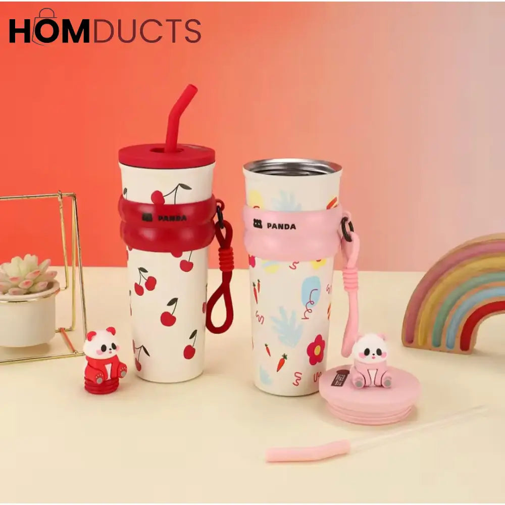 Cute Panda Travel Tumbler with Straw – Leak-Proof Portable Cup with Cherry & Bow Design