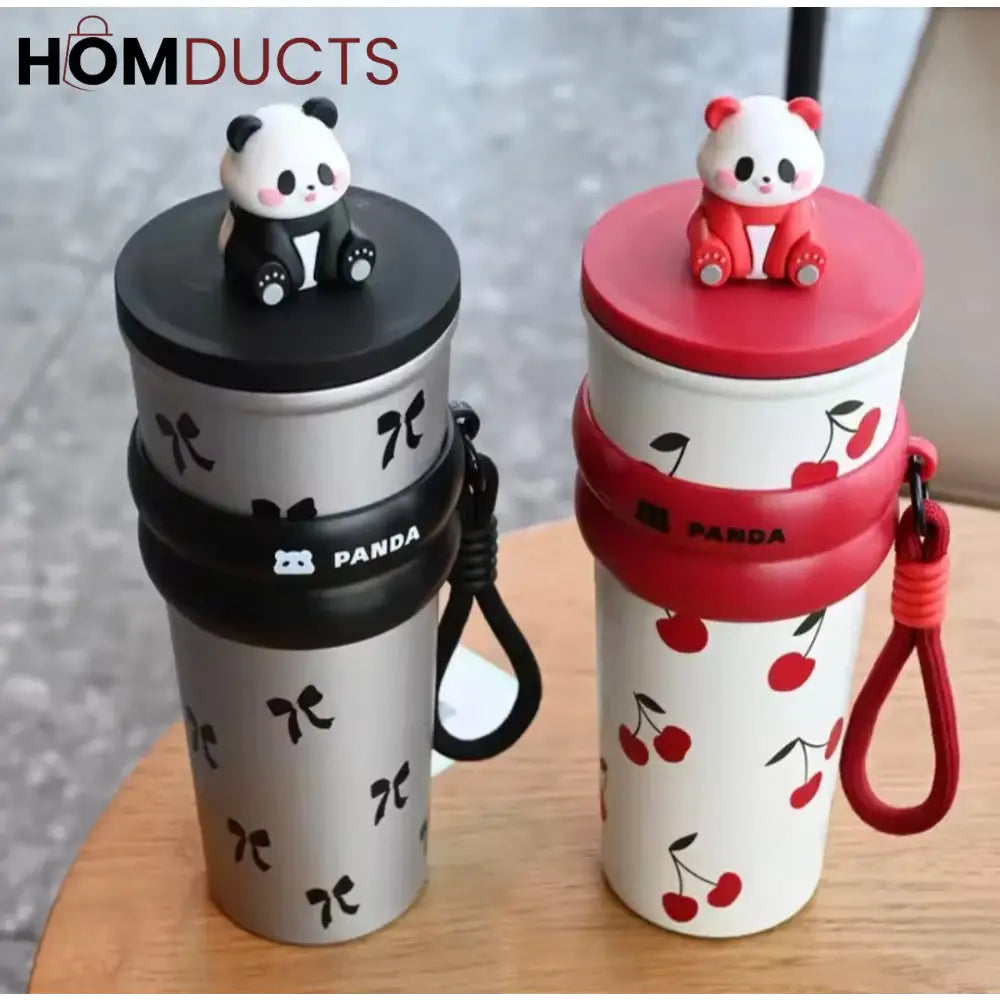 Cute Panda Travel Tumbler with Straw – Leak-Proof Portable Cup with Cherry & Bow Design