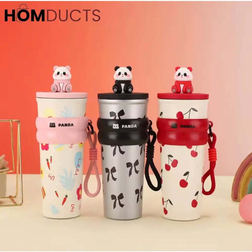 Cute Panda Travel Tumbler with Straw – Leak-Proof Portable Cup with Cherry & Bow Design