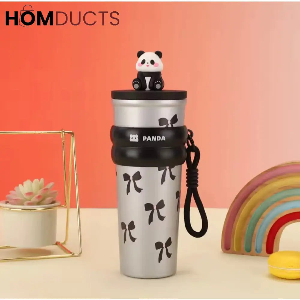 Cute Panda Travel Tumbler with Straw – Leak-Proof Portable Cup with Cherry & Bow Design