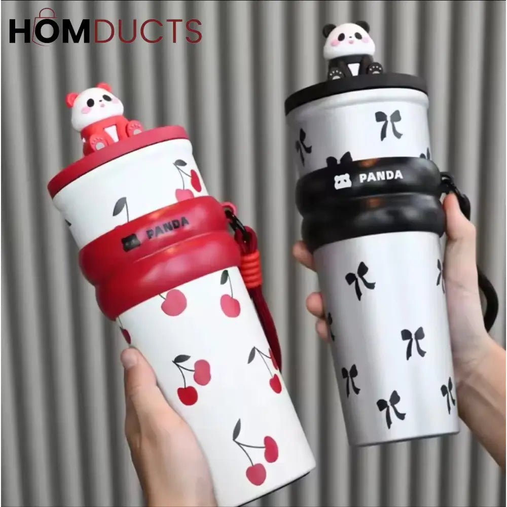 Cute Panda Travel Tumbler with Straw – Leak-Proof Portable Cup with Cherry & Bow Design