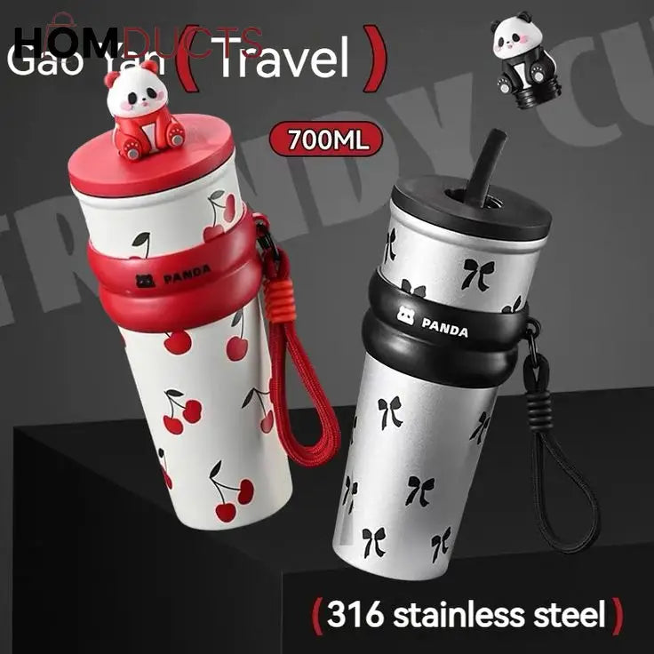 Cute Panda Travel Tumbler with Straw – Leak-Proof Portable Cup with Cherry & Bow Design