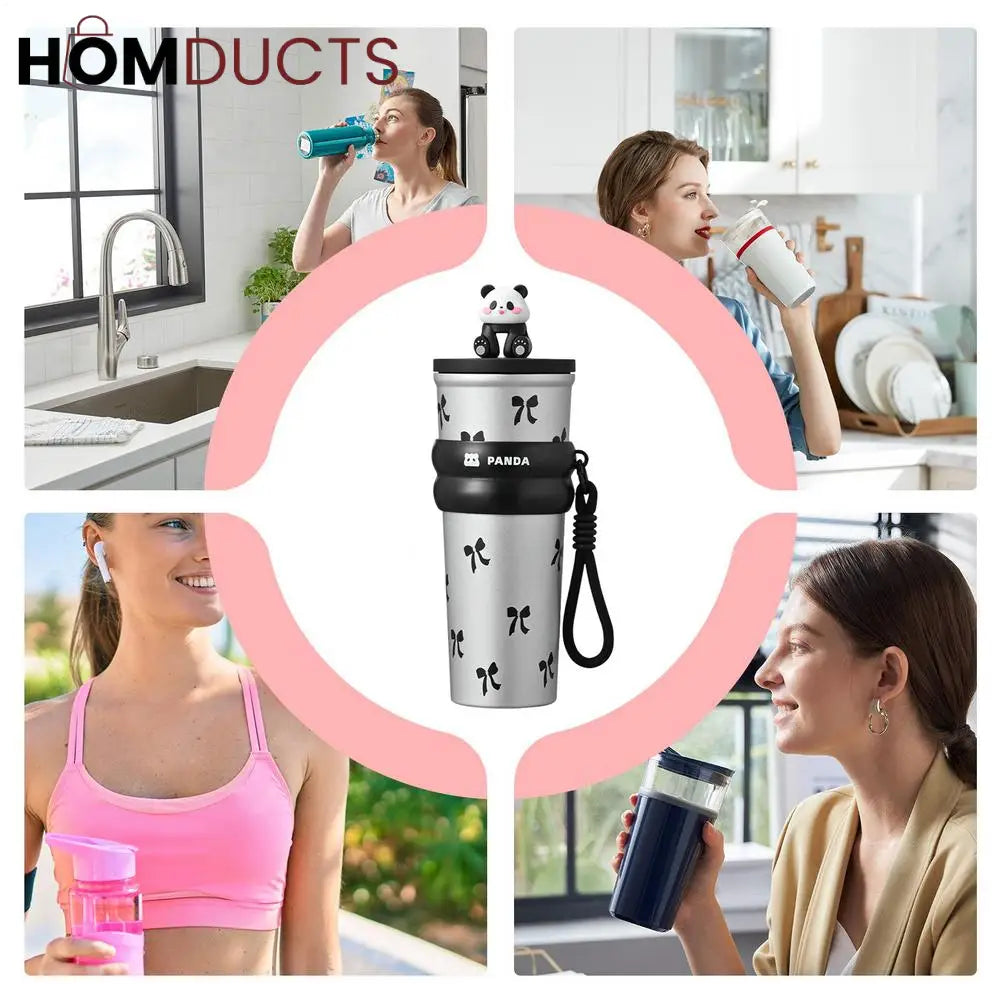 Cute Panda Travel Tumbler with Straw – Leak-Proof Portable Cup with Cherry & Bow Design