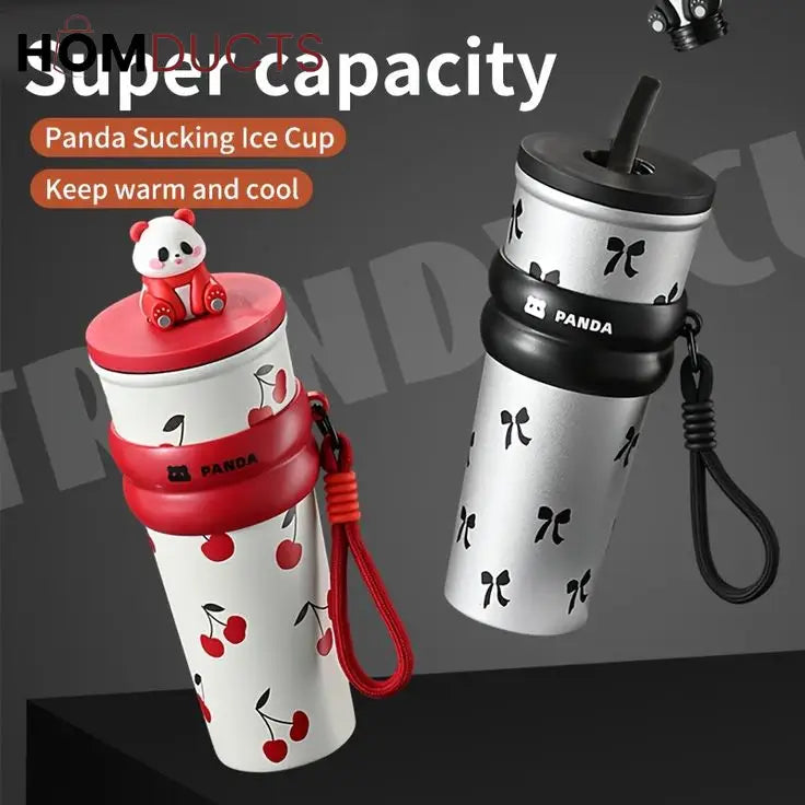 Cute Panda Travel Tumbler with Straw – Leak-Proof Portable Cup with Cherry & Bow Design