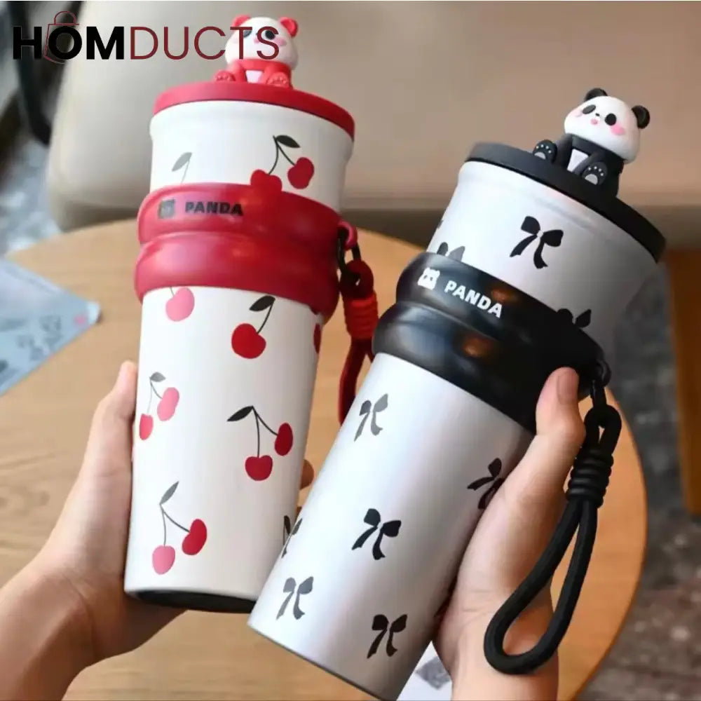 Cute Panda Travel Tumbler with Straw – Leak-Proof Portable Cup with Cherry & Bow Design