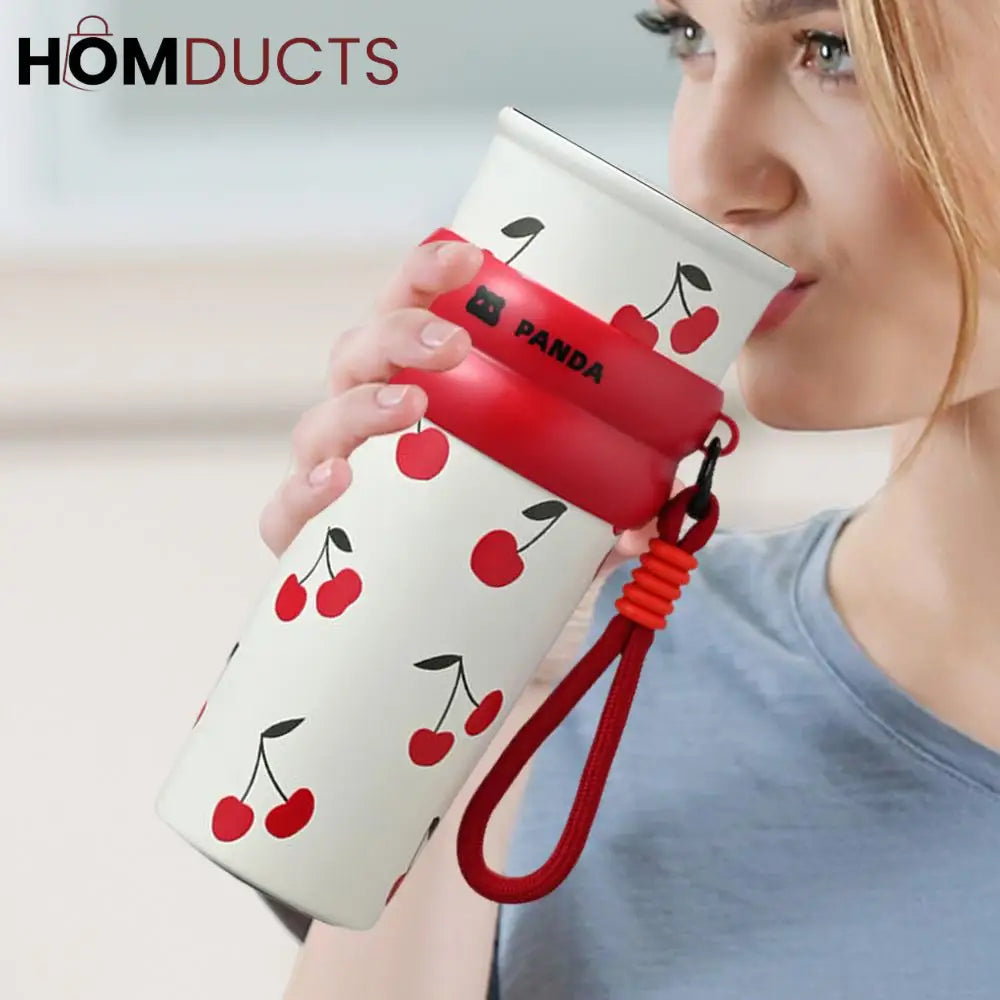 Cute Panda Travel Tumbler with Straw – Leak-Proof Portable Cup with Cherry & Bow Design