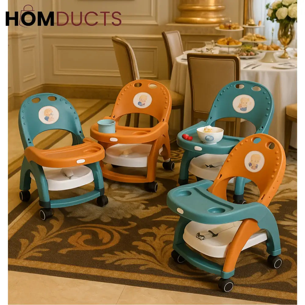 Deluxe Wheeled Toddler Booster Chair – Adjustable Baby Feeding Seat with Tray & Safety Belt