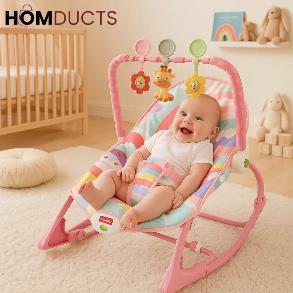 Dream Nursery Baby Rocker – Soft Pink Rainbow Seat with Hanging Toys