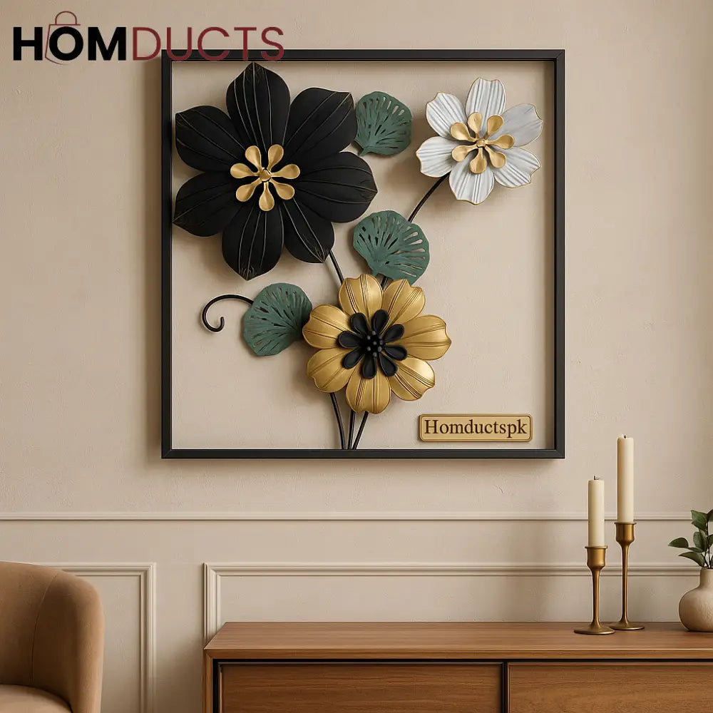 Elegant 3D Metal Floral Wall Art – Black, Gold & White Blossom Frame