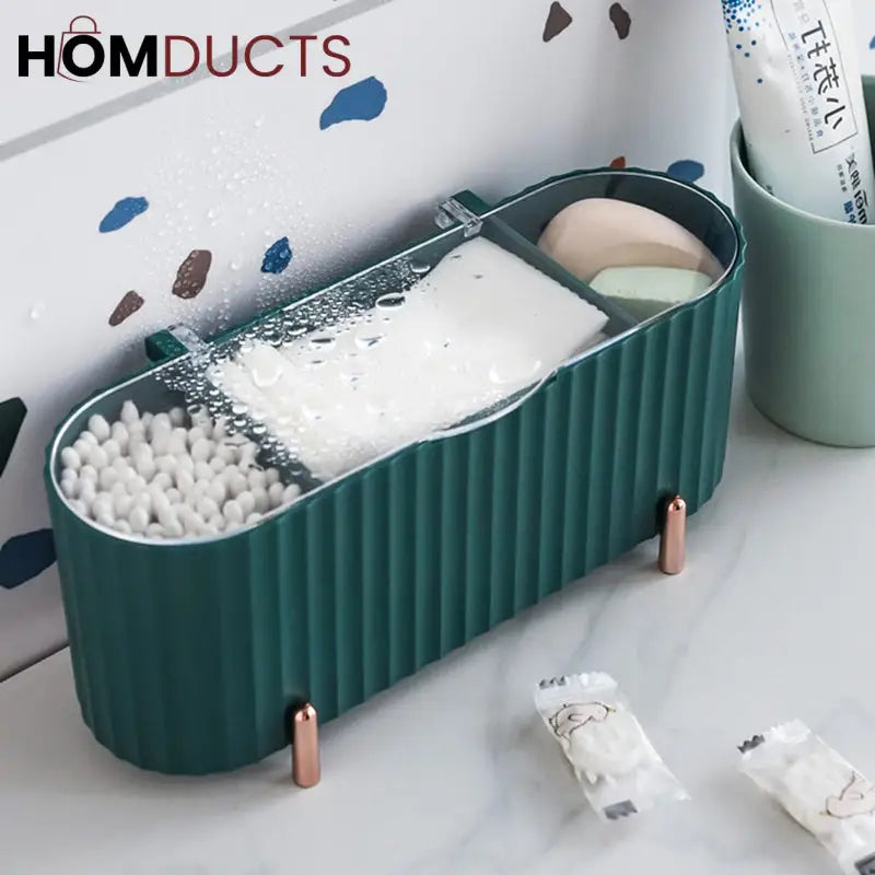 Elegant Makeup Organizer Box with Lid – Cotton Pad, Swab & Sponge Storage Case with Compartments & Gold Legs