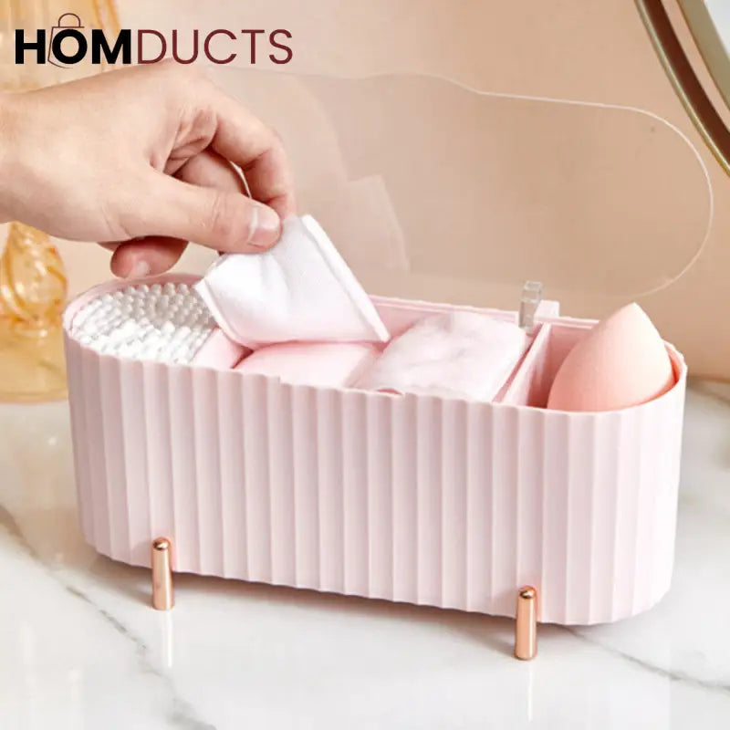Elegant Makeup Organizer Box with Lid – Cotton Pad, Swab & Sponge Storage Case with Compartments & Gold Legs