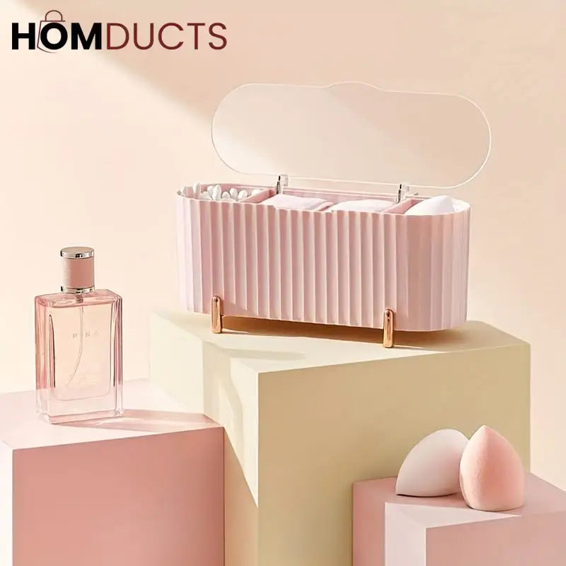 Elegant Makeup Organizer Box with Lid – Cotton Pad, Swab & Sponge Storage Case with Compartments & Gold Legs