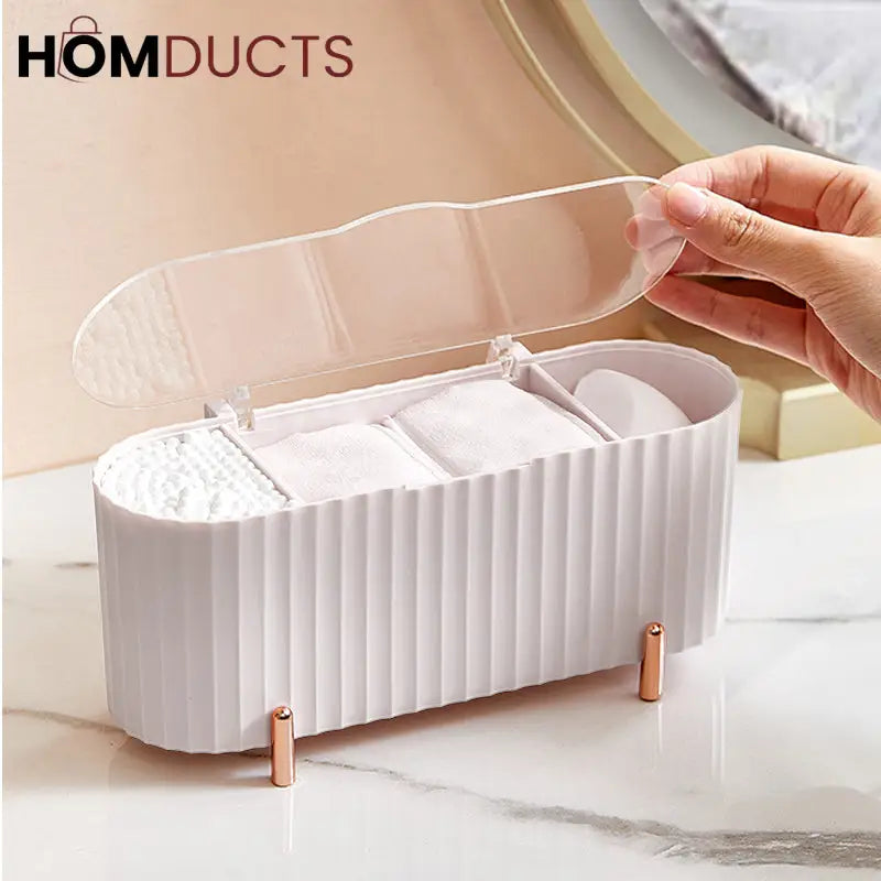 Elegant Makeup Organizer Box with Lid – Cotton Pad, Swab & Sponge Storage Case with Compartments & Gold Legs