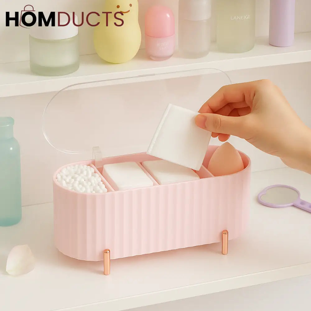 Elegant Makeup Organizer Box with Lid – Cotton Pad, Swab & Sponge Storage Case with Compartments & Gold Legs