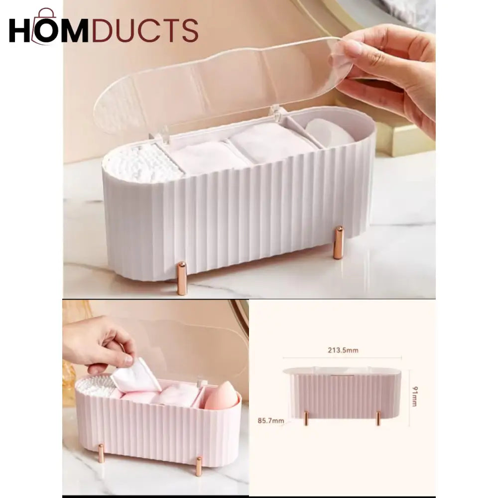 Elegant Makeup Organizer Box with Lid – Cotton Pad, Swab & Sponge Storage Case with Compartments & Gold Legs