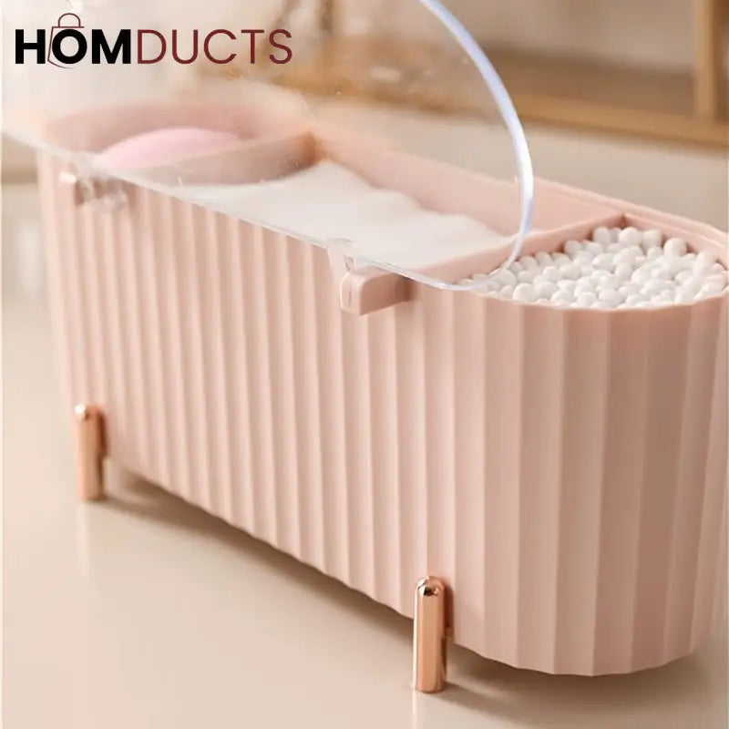 Elegant Makeup Organizer Box with Lid – Cotton Pad, Swab & Sponge Storage Case with Compartments & Gold Legs