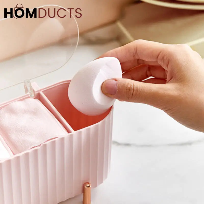 Elegant Makeup Organizer Box with Lid – Cotton Pad, Swab & Sponge Storage Case with Compartments & Gold Legs