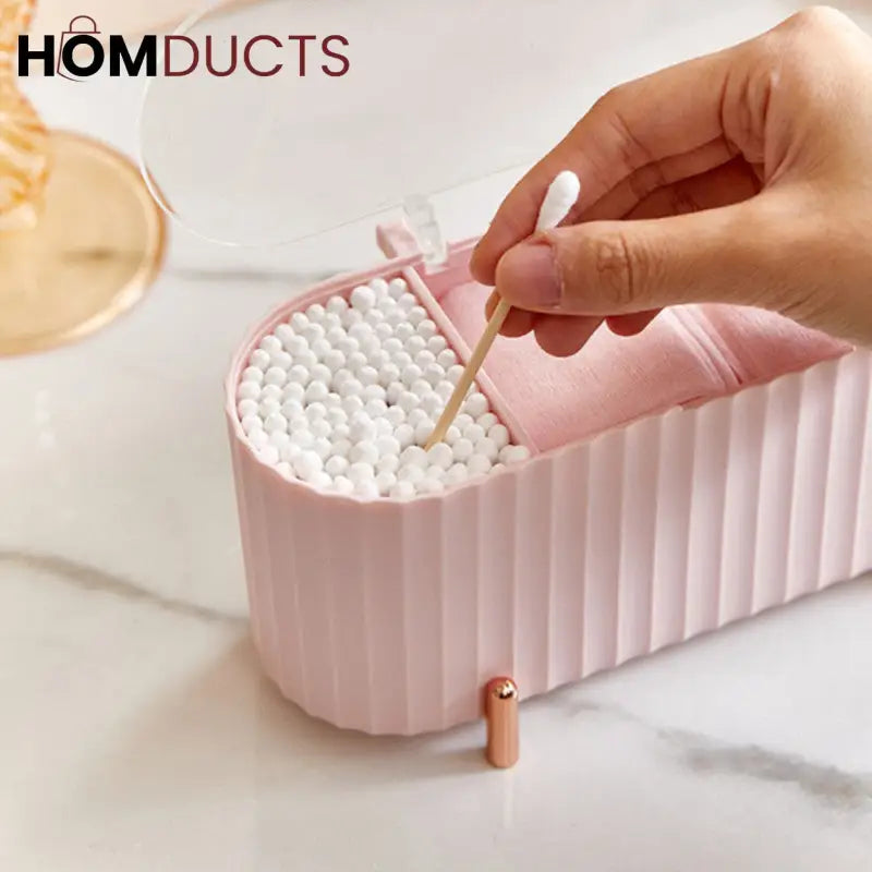 Elegant Makeup Organizer Box with Lid – Cotton Pad, Swab & Sponge Storage Case with Compartments & Gold Legs