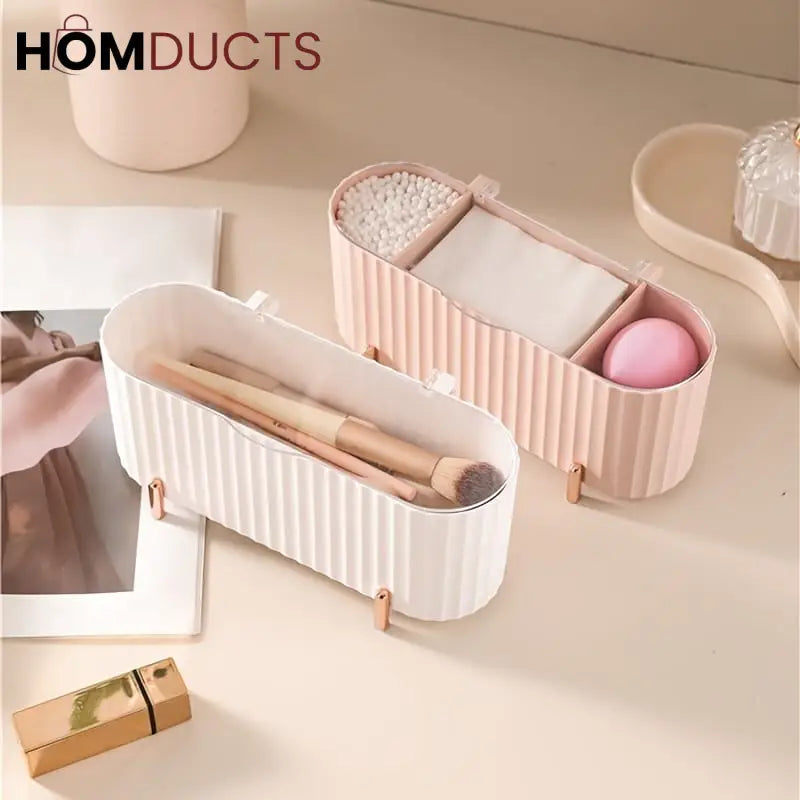 Elegant Makeup Organizer Box with Lid – Cotton Pad, Swab & Sponge Storage Case with Compartments & Gold Legs