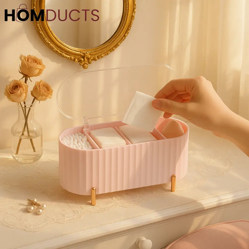 Elegant Makeup Organizer Box with Lid – Cotton Pad, Swab & Sponge Storage Case with Compartments & Gold Legs