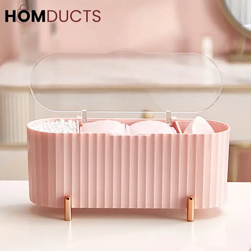 Elegant Makeup Organizer Box with Lid – Cotton Pad, Swab & Sponge Storage Case with Compartments & Gold Legs