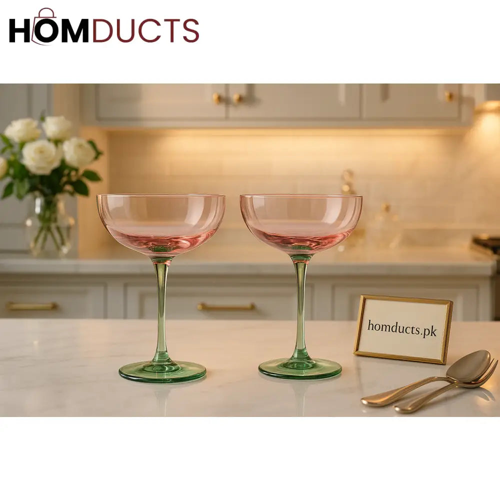 Elegant Pink & Green Coupe Glass Set – Luxury Cocktail & Champagne Glassware (2-Piece)