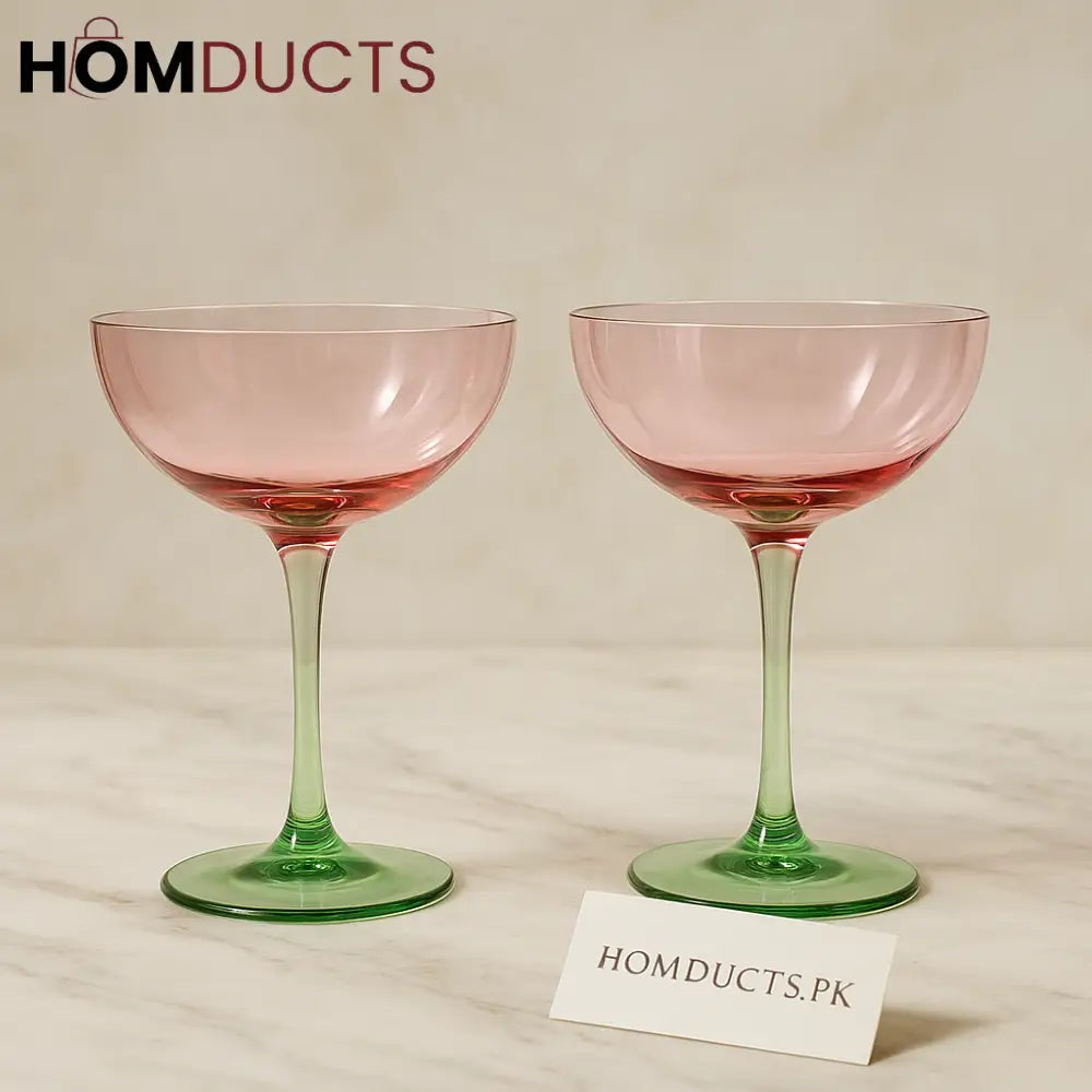 Elegant Pink & Green Coupe Glass Set – Luxury Cocktail & Champagne Glassware (2-Piece)