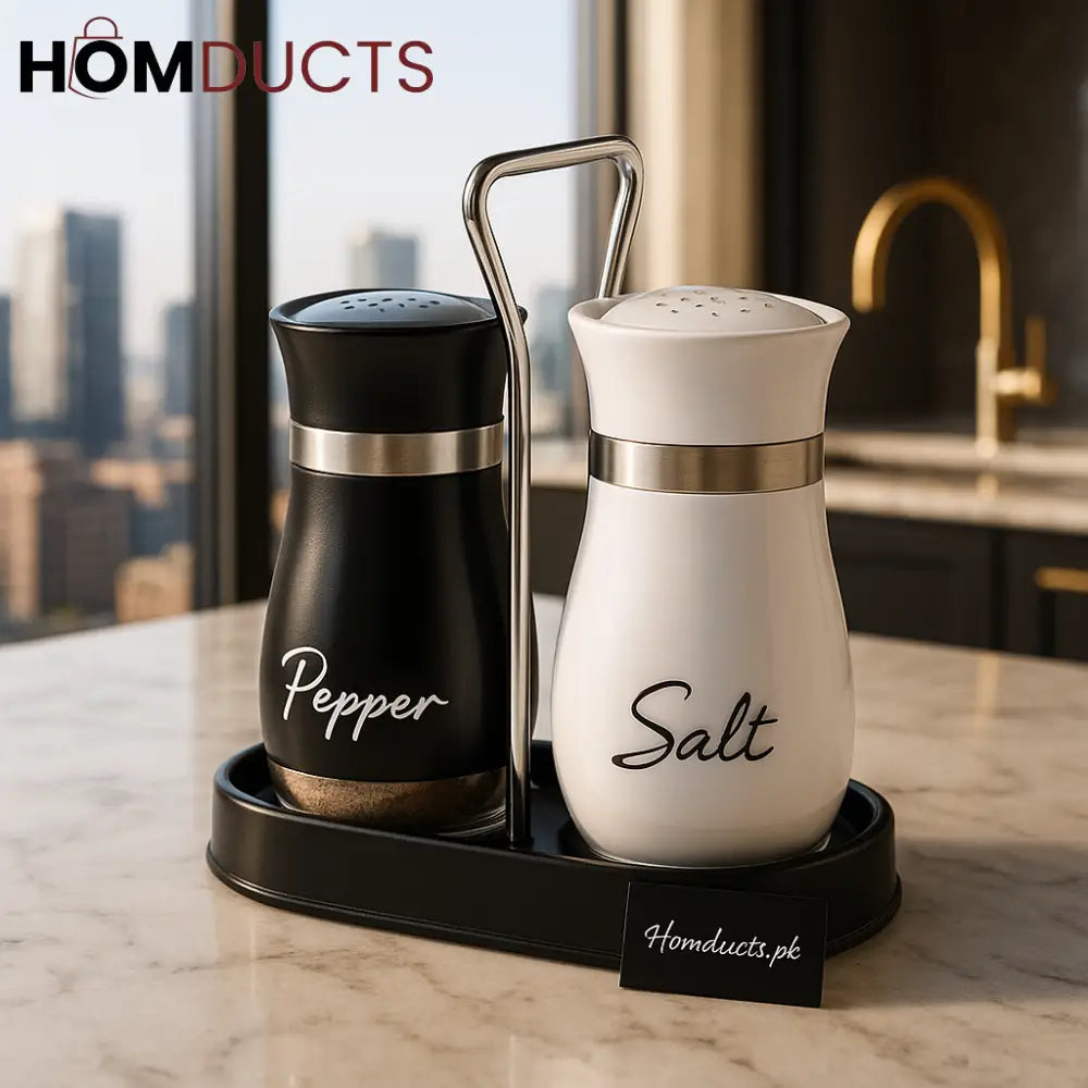Elite Duo Ceramic Salt & Pepper Shaker Set – Black & White with Tray
