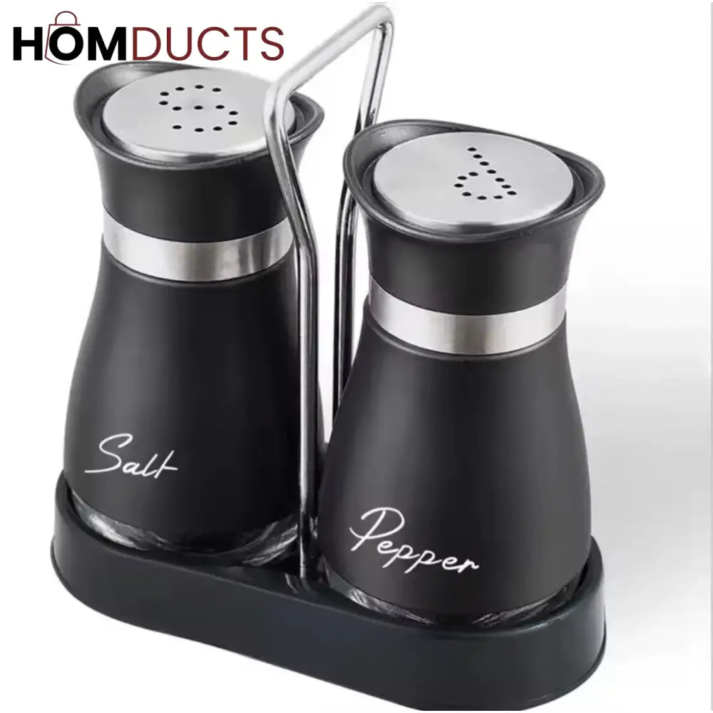 Elite Duo Ceramic Salt & Pepper Shaker Set – Black & White with Tray
