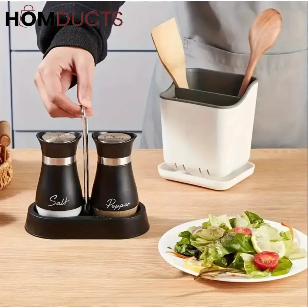 Elite Duo Ceramic Salt & Pepper Shaker Set – Black & White with Tray