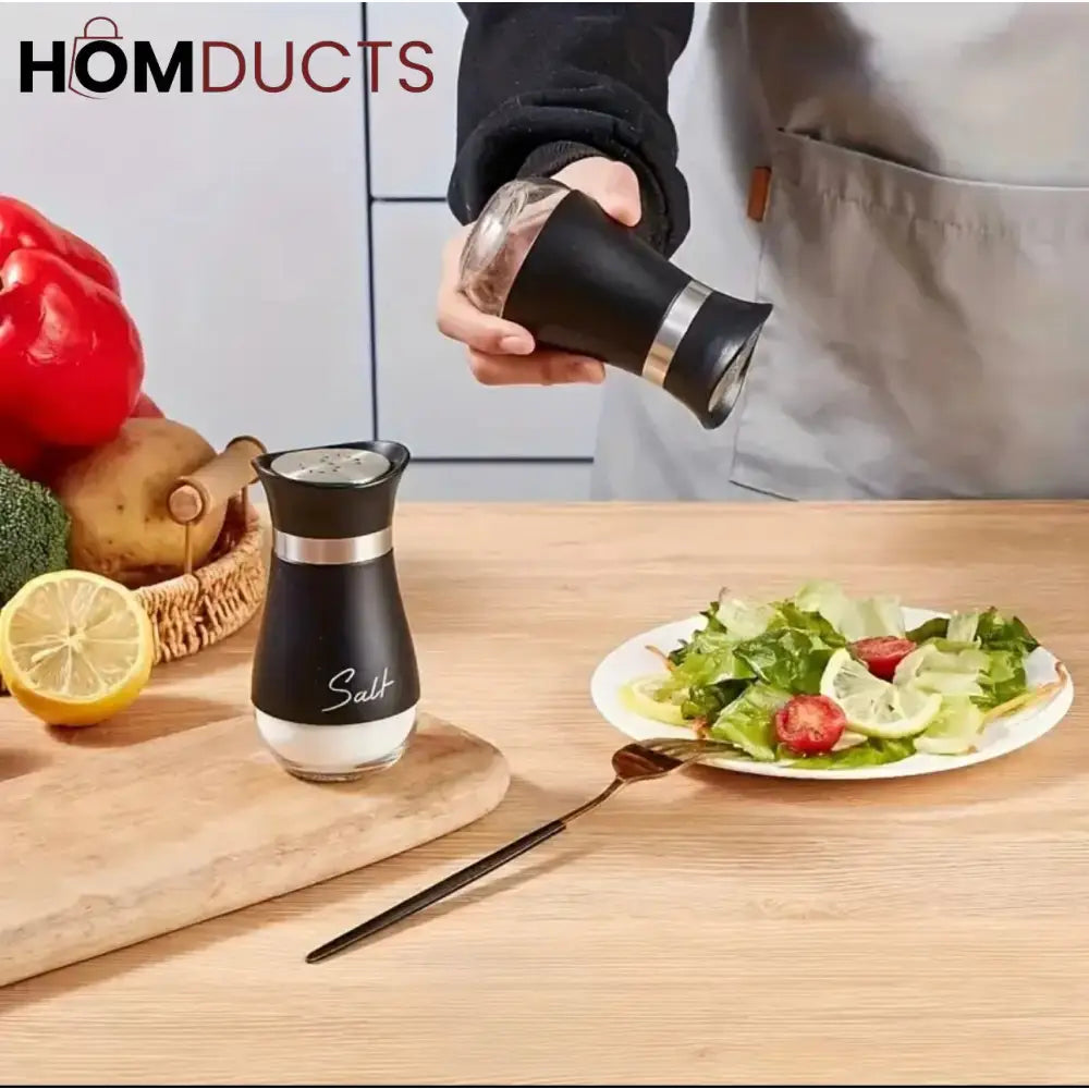 Elite Duo Ceramic Salt & Pepper Shaker Set – Black & White with Tray