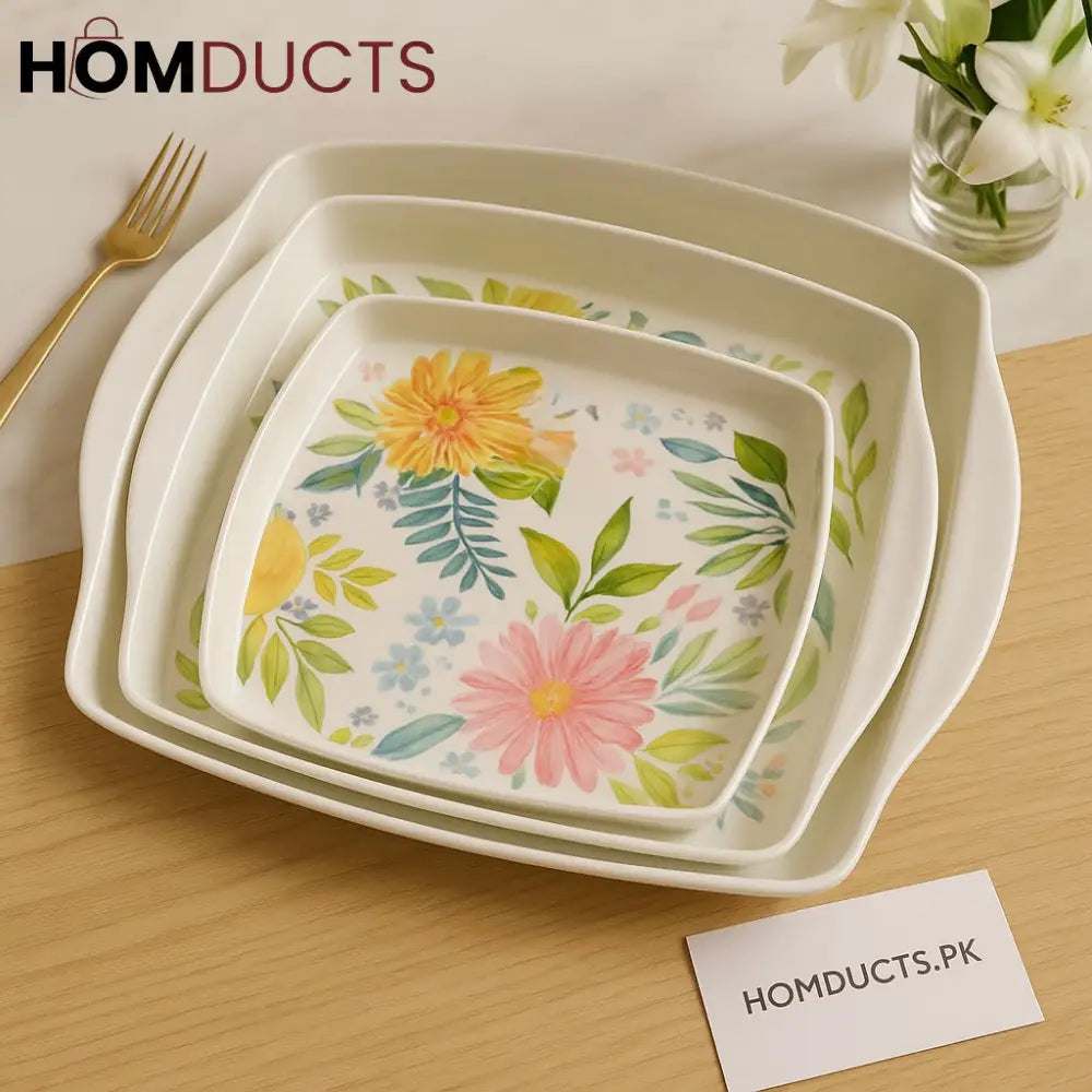 Floral Bliss 3-Piece Premium Ceramic Serving Tray Set