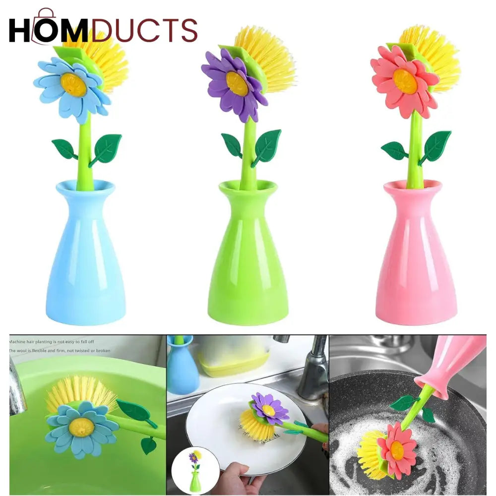 Floral Dish Brush Set with Matching Holders – Decorative Kitchen Cleaning Tools