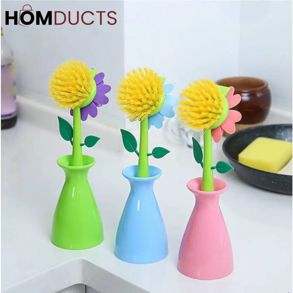 Floral Dish Brush Set with Matching Holders – Decorative Kitchen Cleaning Tools