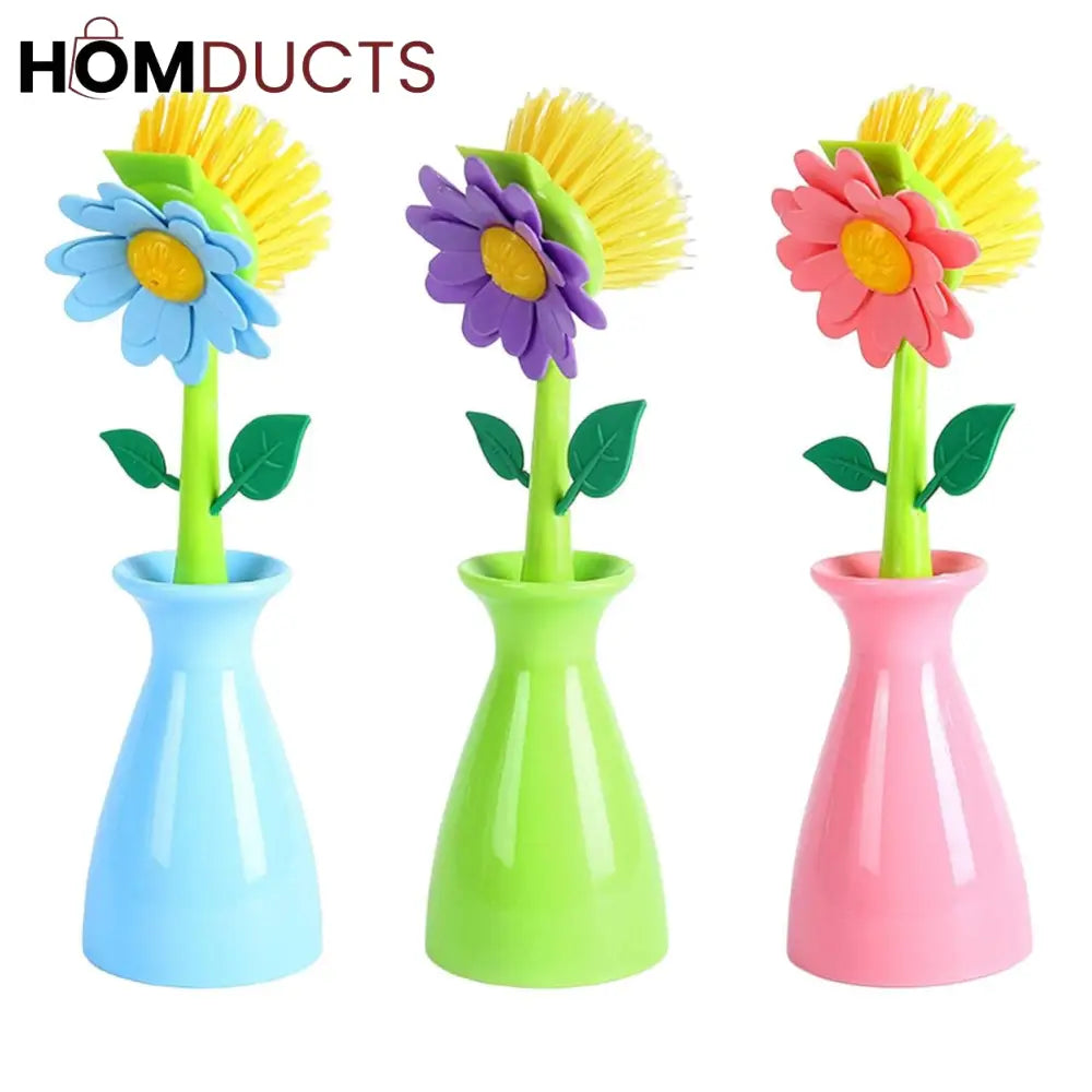 Floral Dish Brush Set with Matching Holders – Decorative Kitchen Cleaning Tools