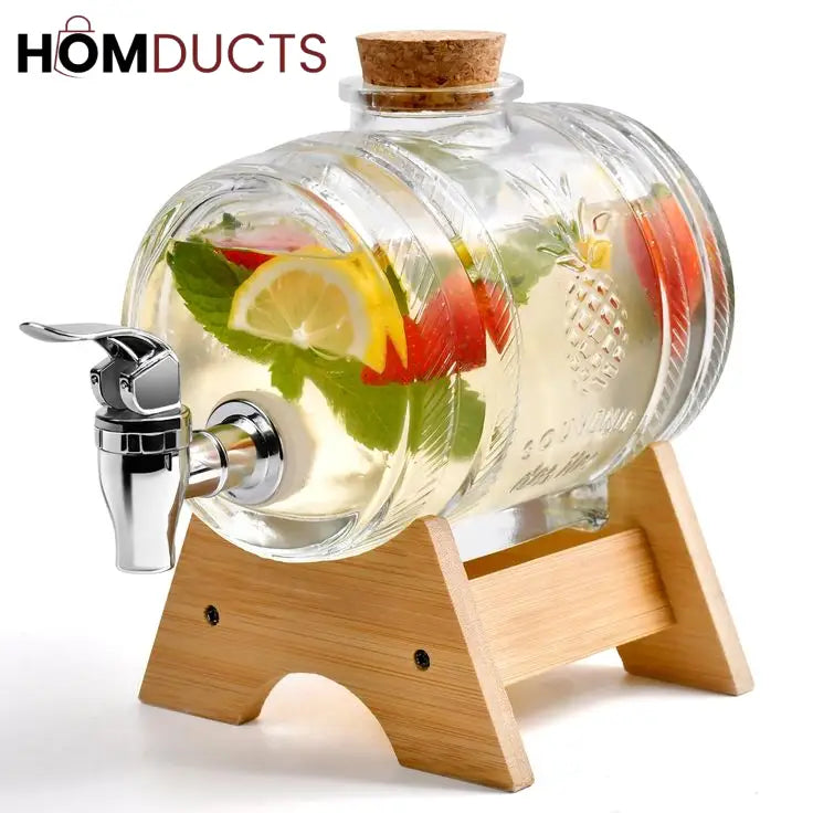 Glass Barrel Beverage Dispenser with Wooden Stand and Tap – Pineapple Embossed Drink Server