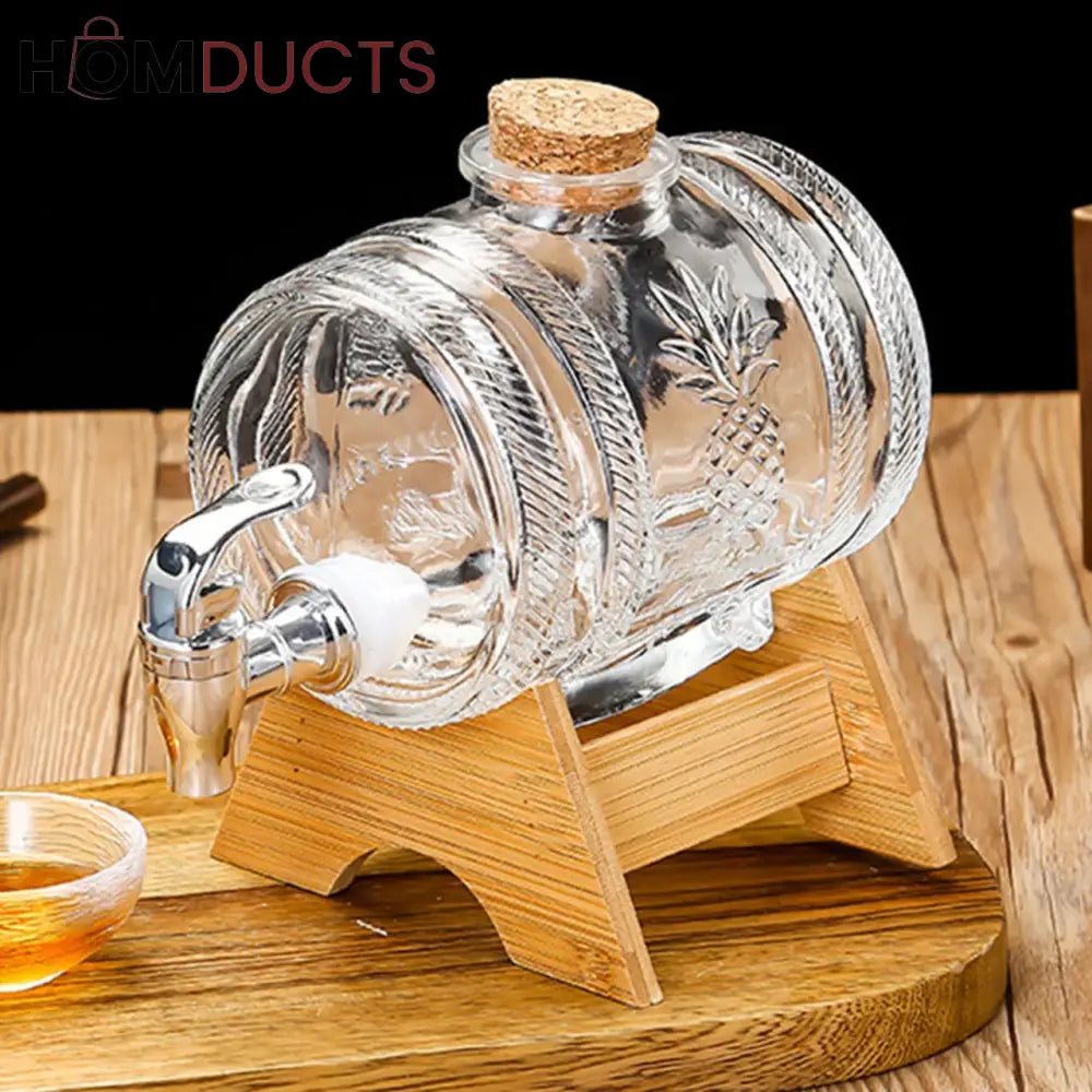 Glass Barrel Beverage Dispenser with Wooden Stand and Tap – Pineapple Embossed Drink Server