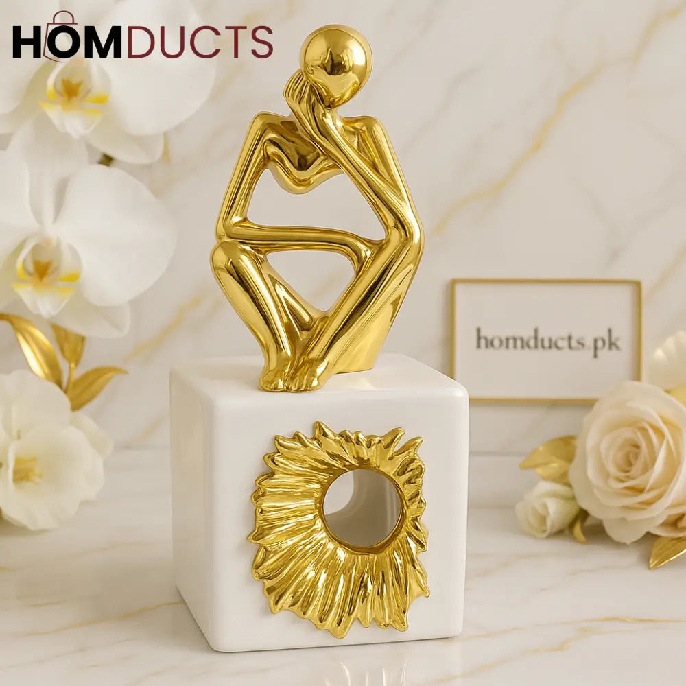 Golden Abstract Thinker Figurine on Marble Base – Luxury Home Décor Accent