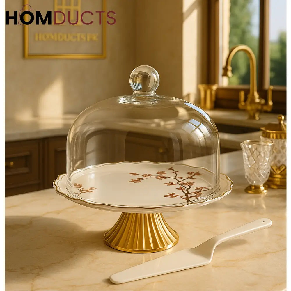 Golden Bloom Glass Dome Cake Stand – Luxury Floral Dessert Display