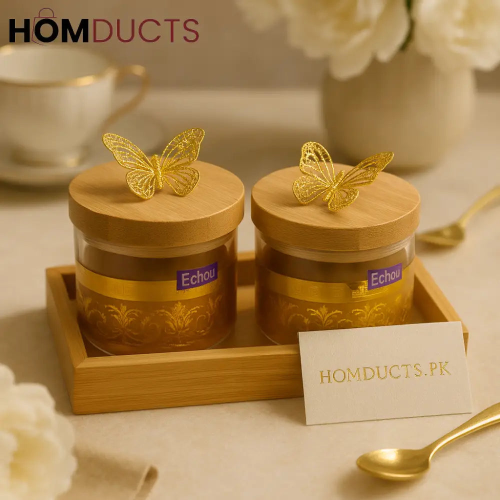 Golden Elegance Butterfly Spice Jar Set – 2 Pcs with Bamboo Tray by Echou
