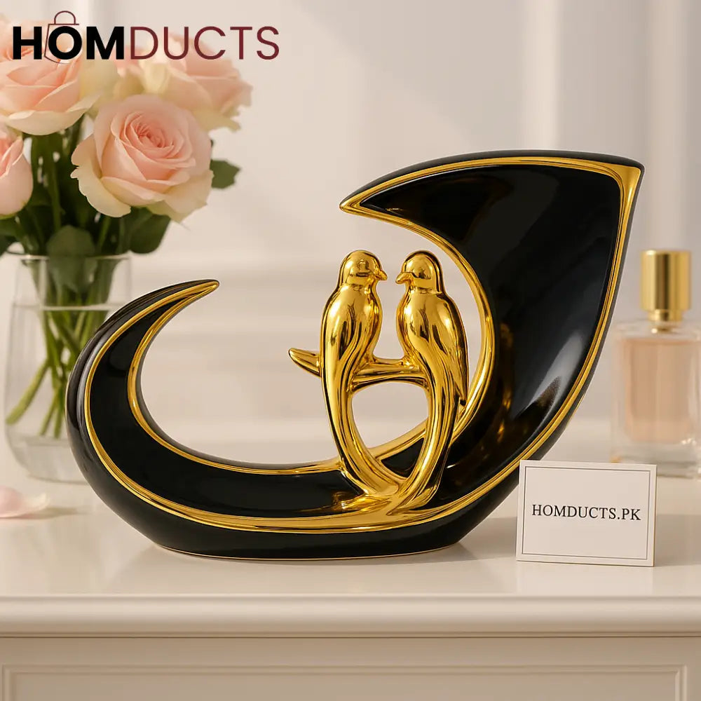Golden Lovebirds Decorative Sculpture – Luxury Black & Gold Home Décor Showpiece