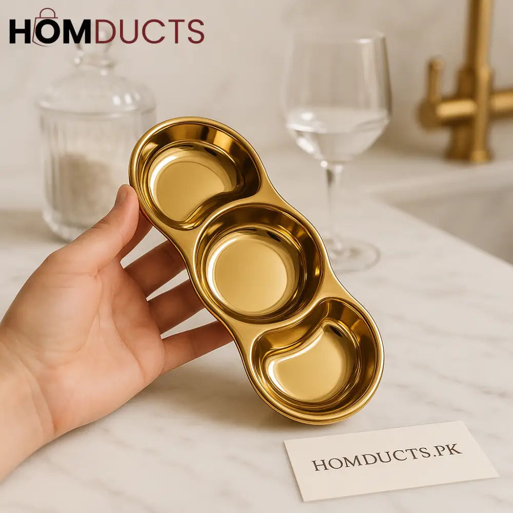 Golden Luxe 3-Compartment Snack & Sauce Serving Tray – Premium Stainless Steel